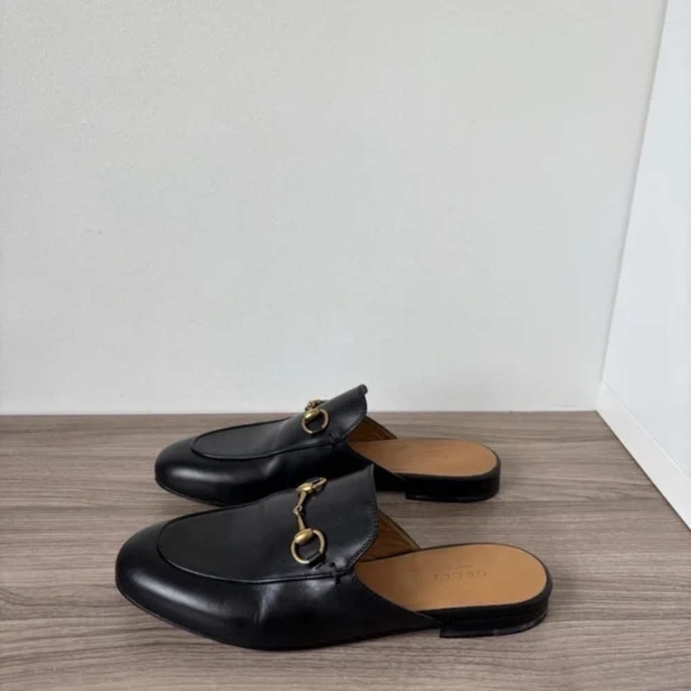 Gucci Black Leather Horsebit Mules with Gold Hardware